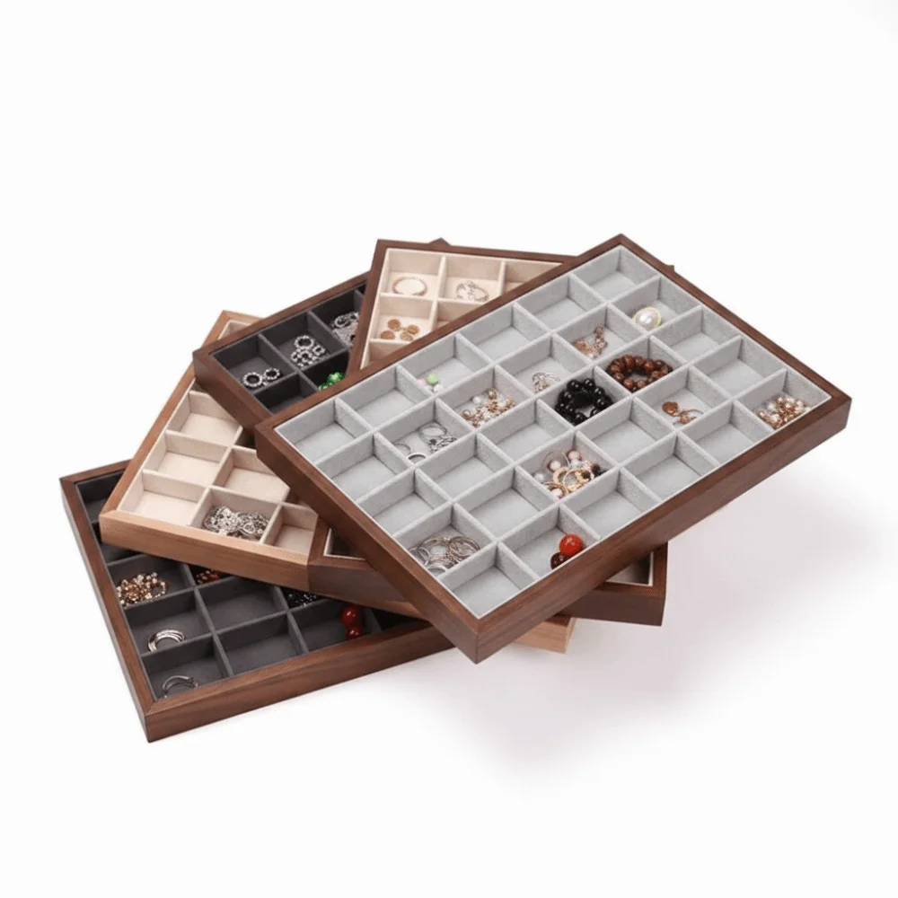 

Simple 30 grid Wood Grain Jewelry Tray Large Capacity Walnut Wood Jewelry Storage Drawer Velvet Jewelry Boxes Ring Storage