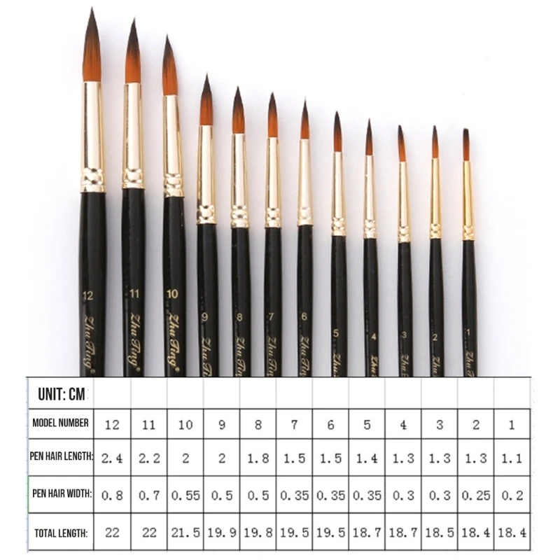 

Кисть для рисования с деревянной ручкой, 12 шт., круглый кончик/плоский кончик, с мягкой нейлоновой щетиной, художественная