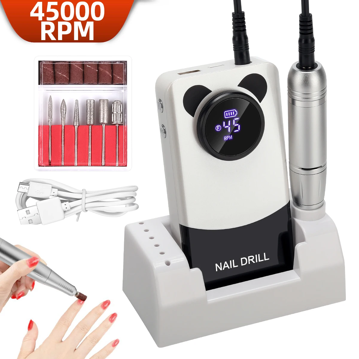 45000RPM Nail Drill Machine For Nails Rechargeable Portable Nail Sander With Stand Kit Low Noise For Manicure Salon Tool Use