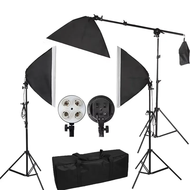 50x70cm Softbox Kit with E27 Four Lamp Socket Overhead Light Boom Photography Softbox Box Photo Studio Light Set