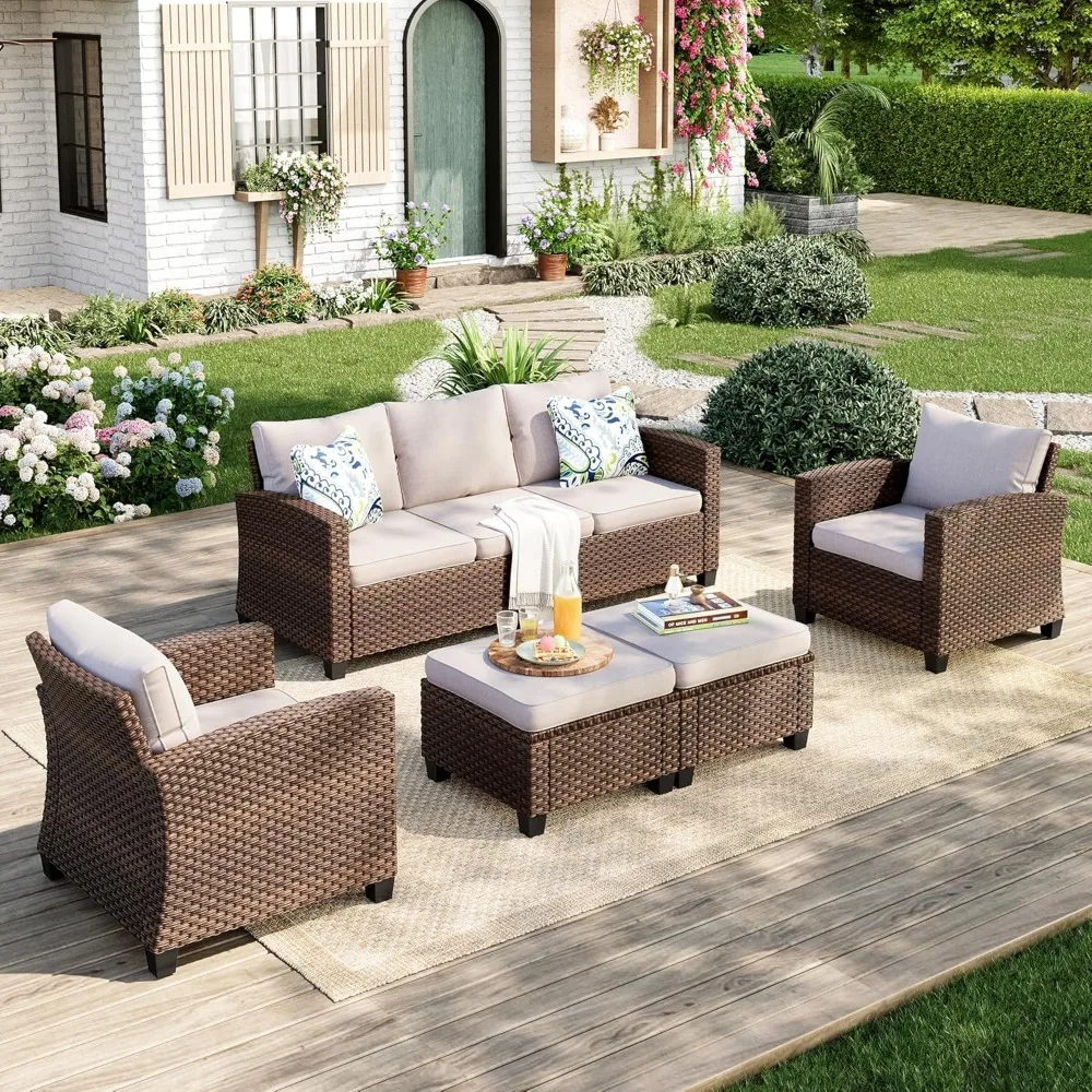 

Patio Furniture Set, 5 Pcs Wicker Rattan Outdoor Conversation Set, 2 x Leg Chairs, 1 x 3 Seater Sofa and 2 x Ottoman