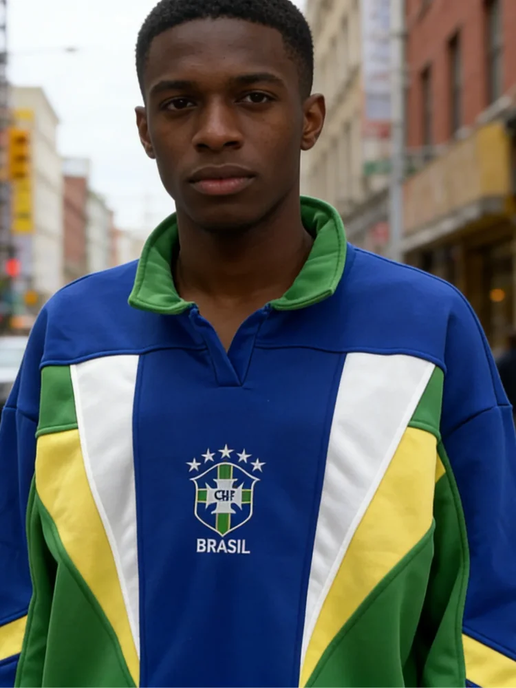 

Thick and loose Brazilian letter embroidery three-dimensional splicing design men's and women's sports top with lapel for spring