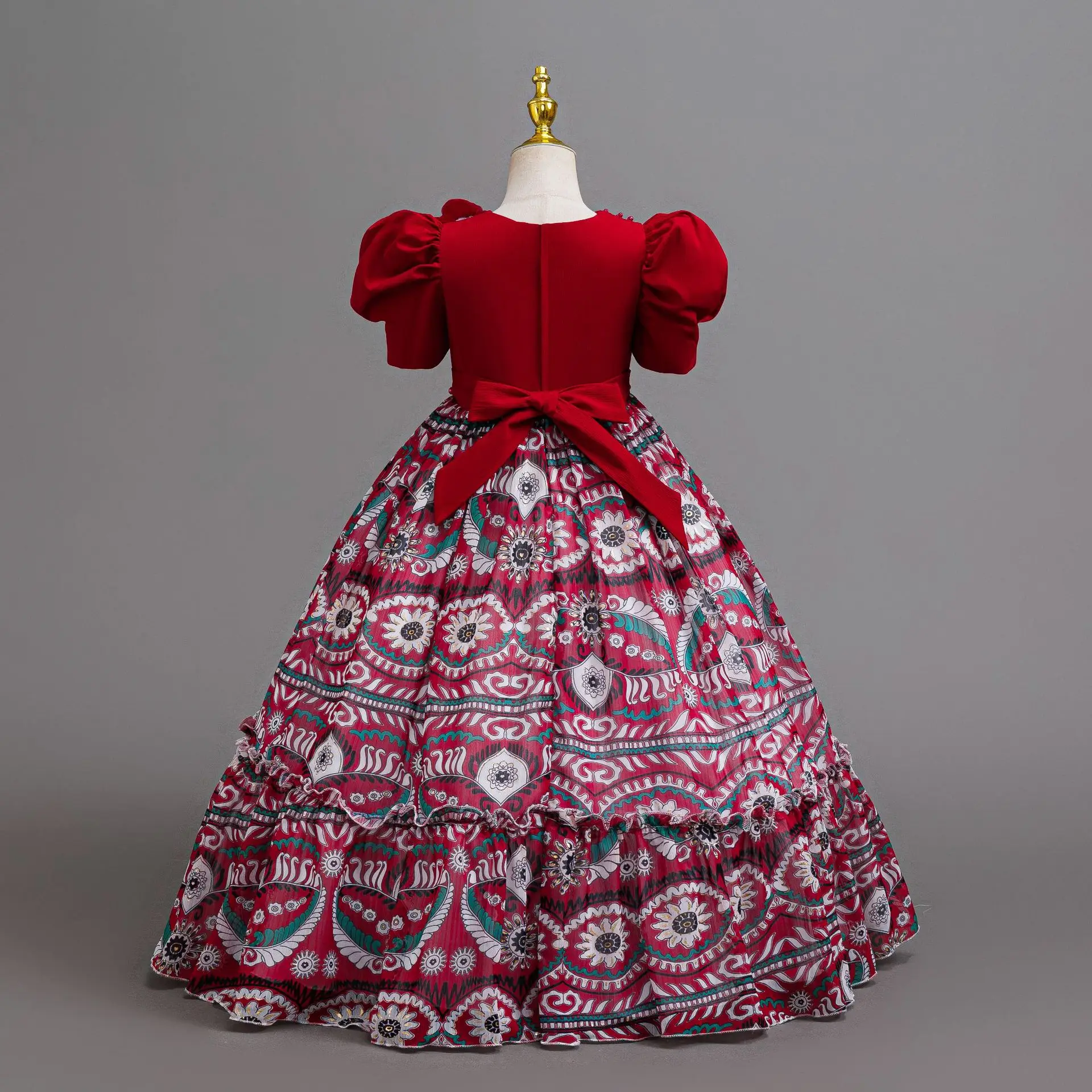 HETISO Retro Floral Printed Party Dress For Little Girls Children's Beading Ball Gown Long Chiffon Flower Wedding Gift 3-12Y