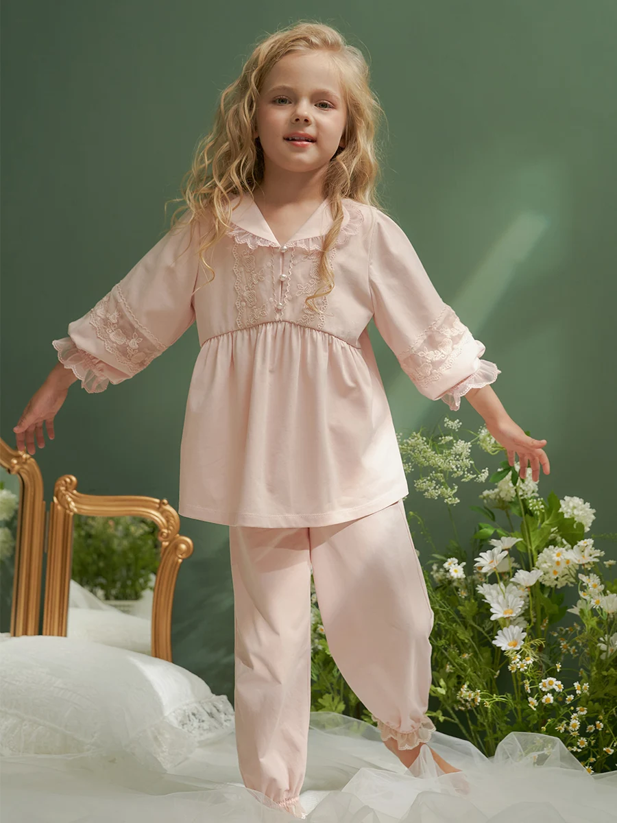 Princess Vintage Embroider Soft Cotton Three Quarter Sleeve Parent-child Matching Pajamas Set Girls Sleepwear Spring Summer