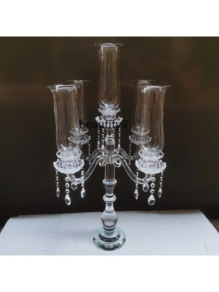 yj Candle Holder European-Style 5-Head Crystal Candle Cup Glass Wedding Candlestick Windproof Candle Light