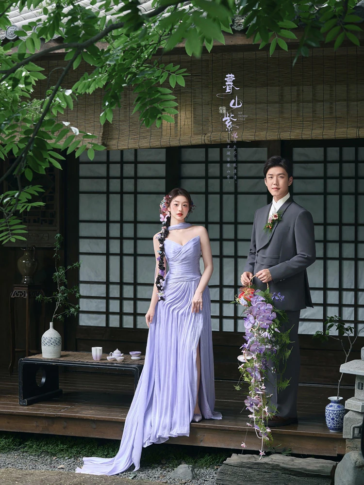 

Новое фиолетовое свадебное платье без бретелек в стиле принцессы для фотосессии в студии, в садовом стиле, утренний халат для невесты