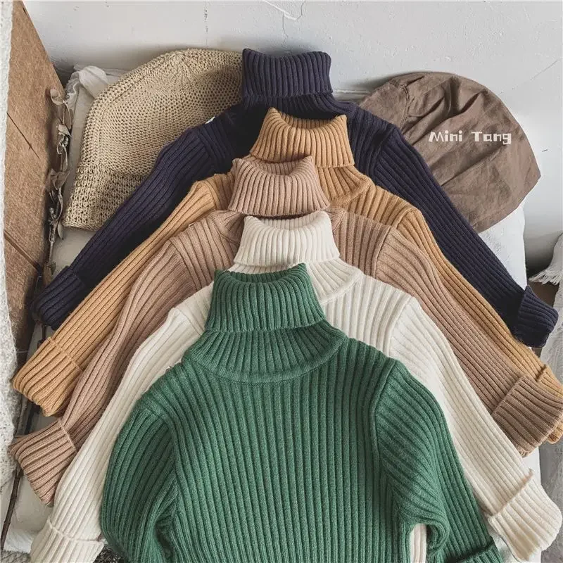 

Korean Children Pit Stripes Stretch Turtleneck Sweater Men and Women Baby Basic Warm Knit Sweater Winter Baby Sweater