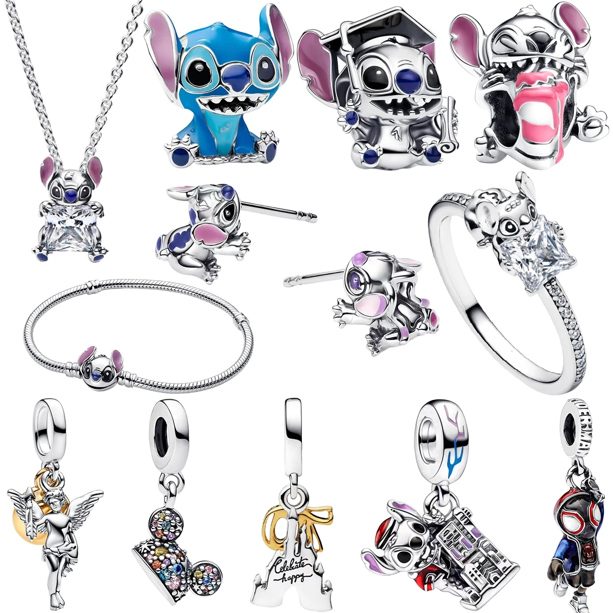 

2025 Hot Sale! 925 Sterling Silver Charms Set - Disney Stitch/Mermaid/Angel/Crown, Jewelry for Women