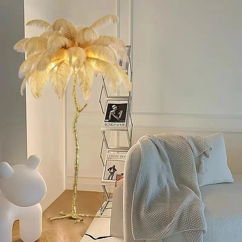 American LED Floor Lamp Living Room Indoor New Fashion Ostrich Feather Deco Luminaire Copper Resin Tripot Standing Lamps