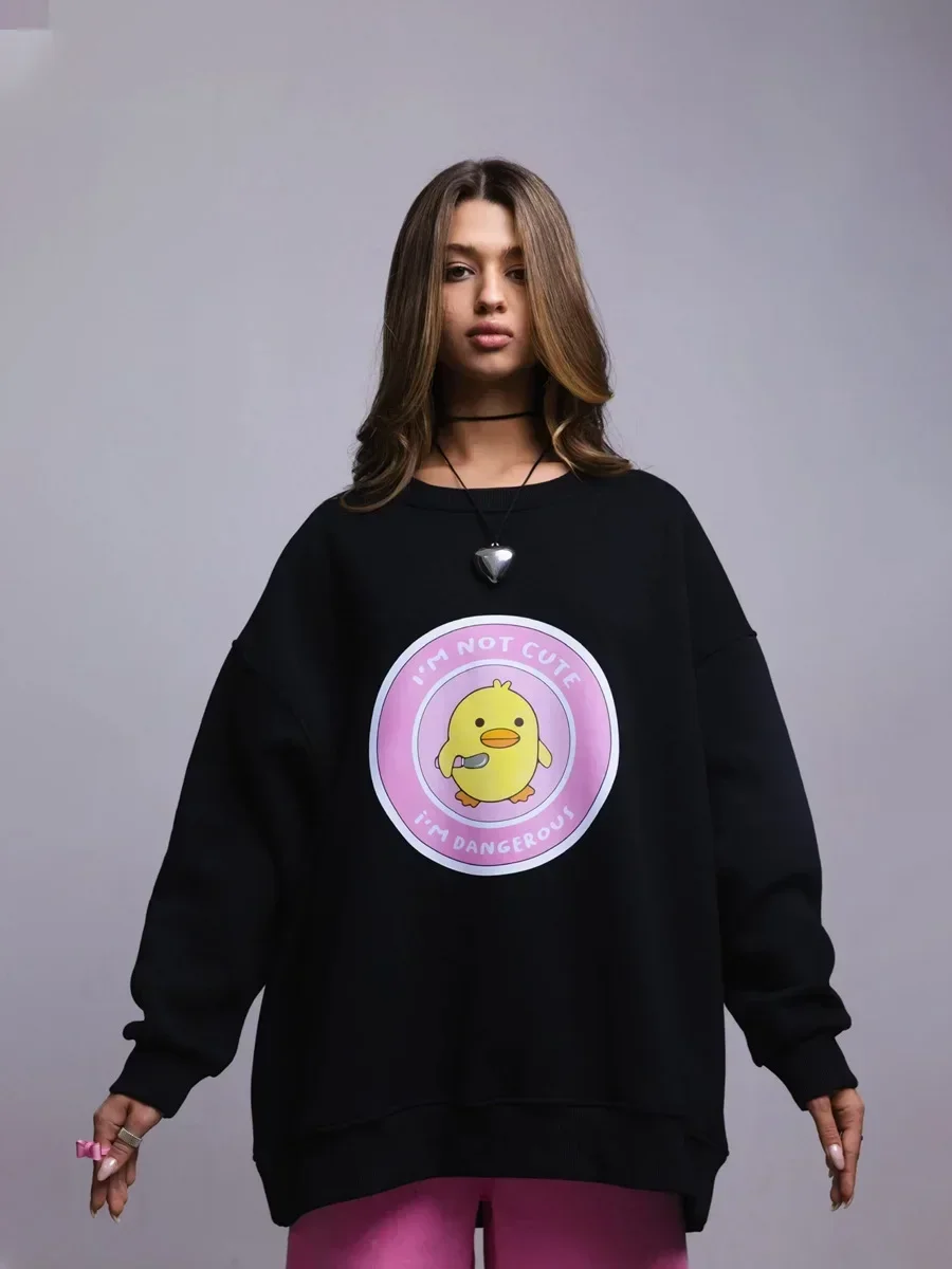 Women's Loose Round Neck Sweatshirt Oversized Chic Printing Hoodies Casual Autumn Winter Warm Female Trendy PulloverT