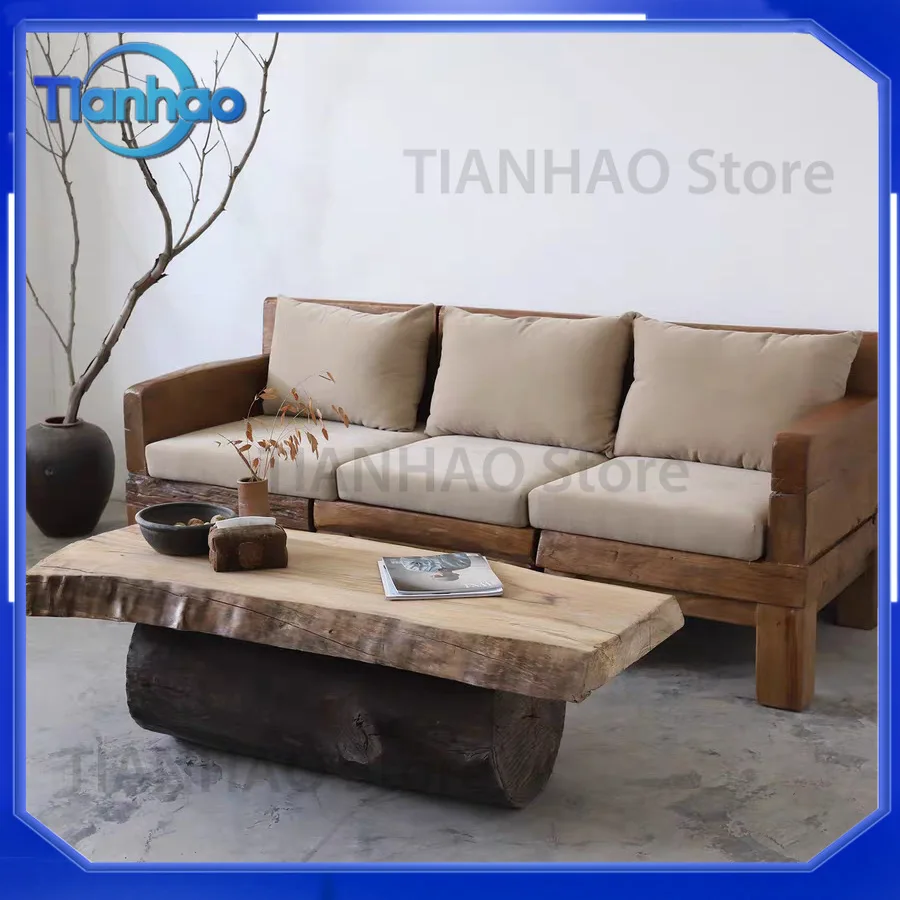 Wabi-Sabi Style Solid Wood Sofa for Living Room Home Use Three-Seater Sofa for Guesthouse Hotel Mid-Century Modern Style Sofa