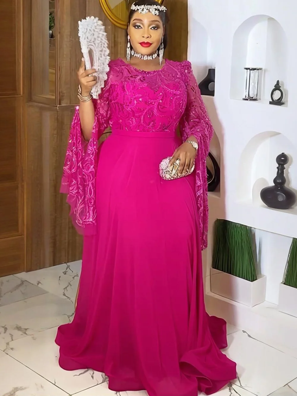 Plus Size African Wedding Party Dresses for Women Dashiki Sequin Long Sleeve Evening Gown Elegant Turkey Muslim Maxi Dress