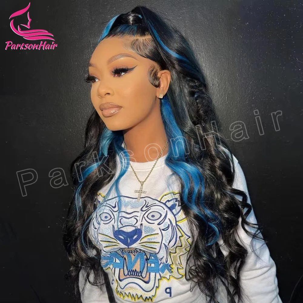 Blue With Black Highlight Wig 13x4 HD Lace Frontal  Human Hair Body Wave Wig Colored Human 13x6 HD Lace Remy Hair Wigs 250