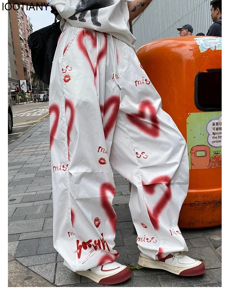 Graffiti Love Print Women's Y2K Overalls Harajuku Wide Leg American Retro Pants Loose Casual Hip Hop Street Mopping Clothing