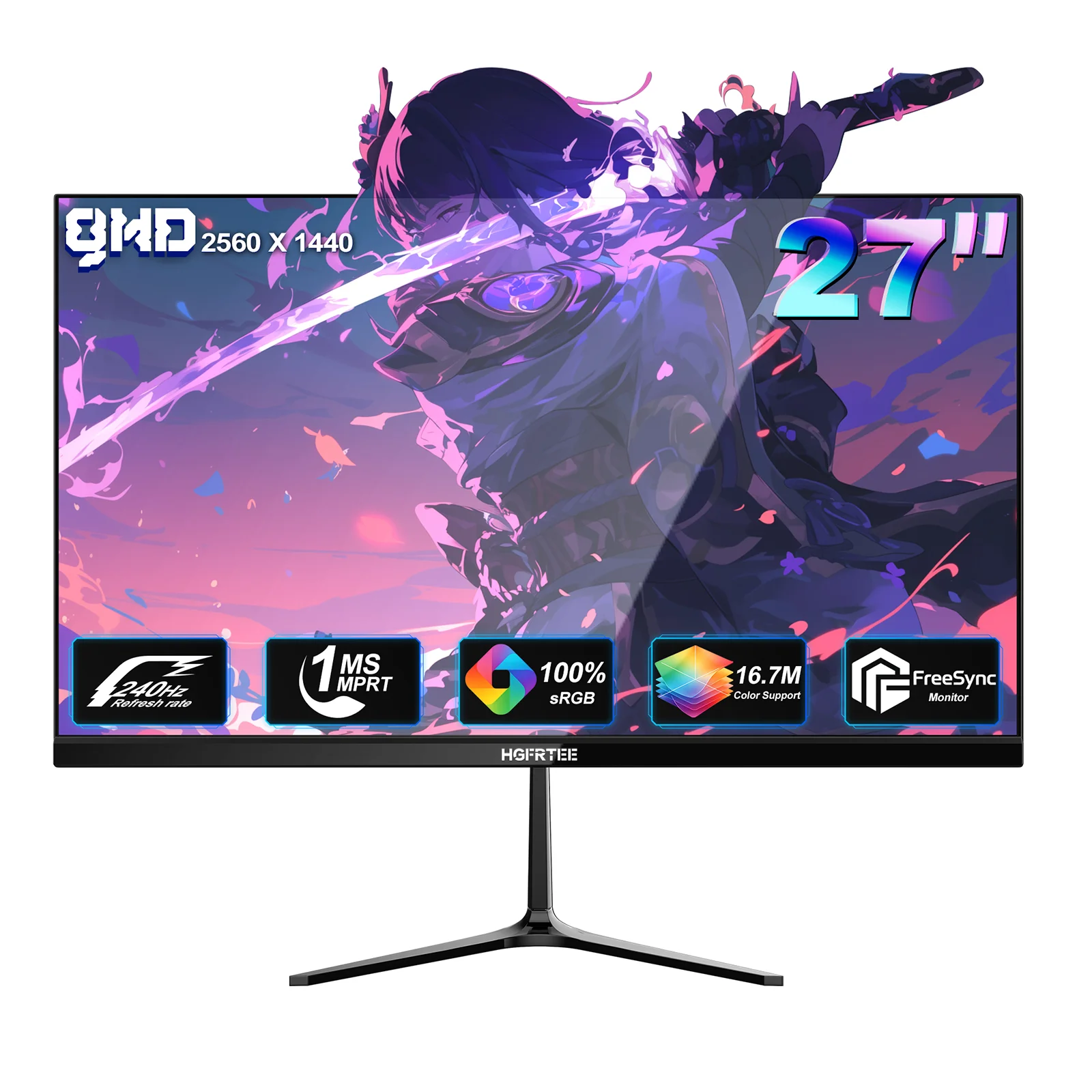 Hgfrtee 27 Zoll 240Hz QHD Gaming-Monitor 1Ms, Hochauflösender Bildschirm, HDR10 Adaptive Sync, PC-Display für Gamer mit HDMI 2.1 DP 1.4