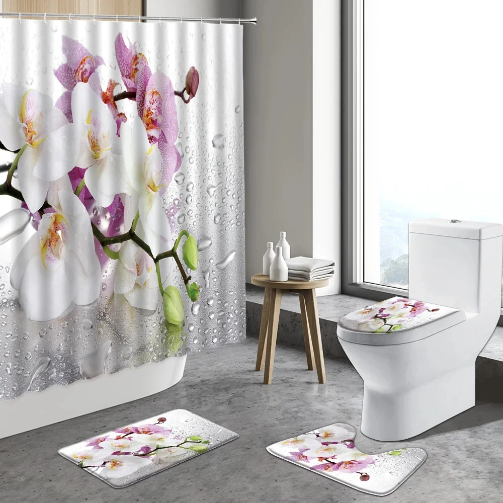 

Pink white Red Orchid Butterfly Orchid Shower Curtain Set Flower Plant Elegant art Deco Bathroom Bath Curtain set