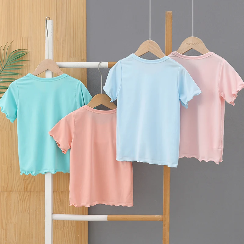 4-Piece Summer Girls' Solid Color Fungus Edge Short-Sleeved Comfortable Round Neck Sweet T-Shirt Casual Cute Little Girl's Top