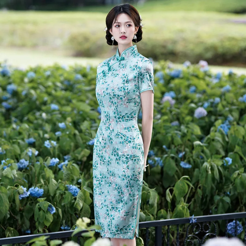 Summer New High Quality Real Silk Printed Mid-Length Short Sleeve Improved Cheongsam Qipao Women's Dress