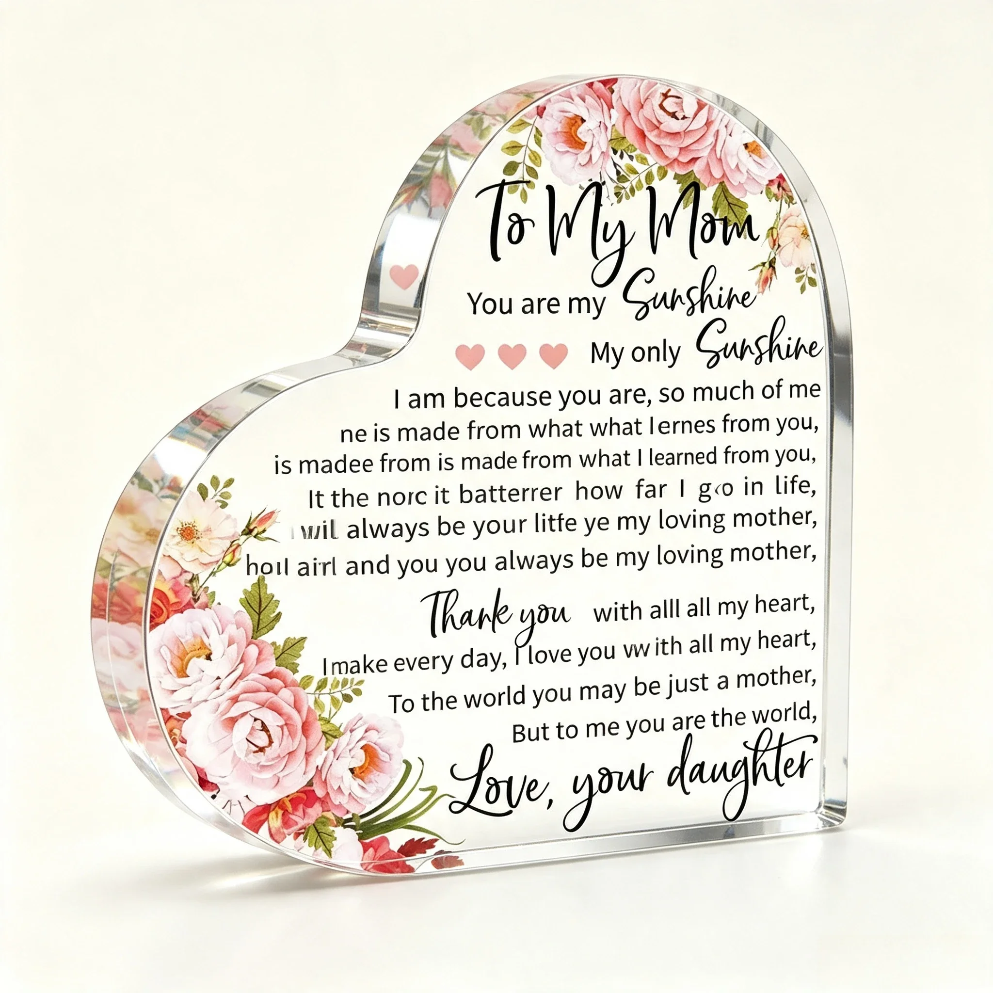 Daughter To Mom Sentimental Acrylic Heart Ornament Mother’s Day Keepsake Floral Design Ideal Birthday & Mother's Day Gift Home & Office Decor for Women