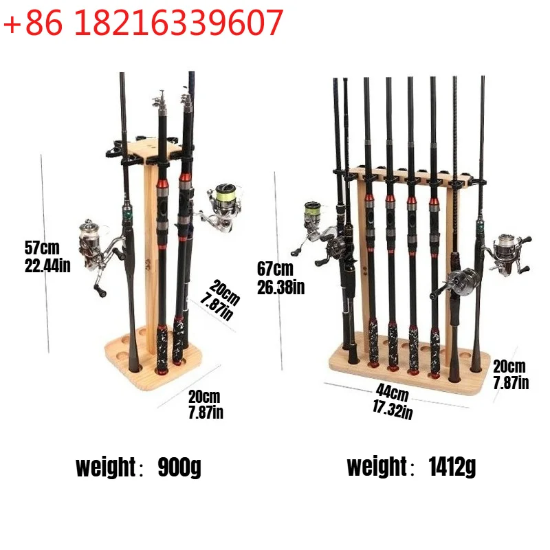 YAO No-Drill 8/14 Slots Fishing Rod Rack Solid Wood Floor Stand with Silicone Protective Pads for All Fishing Pole Types