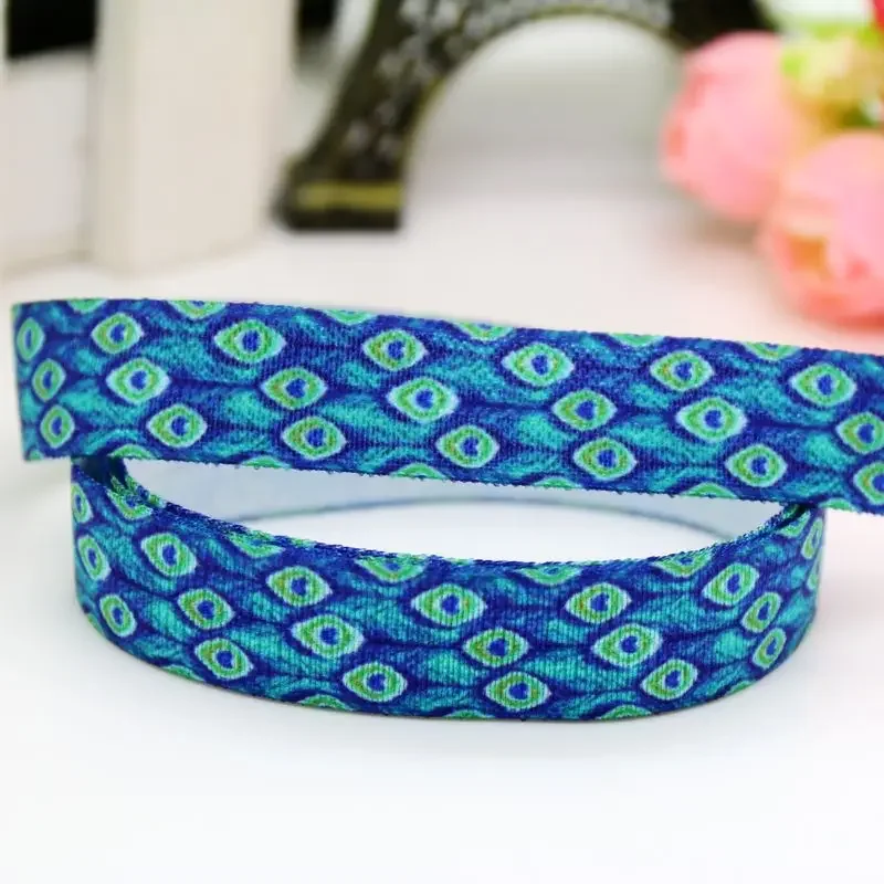 DHK 5/8'' 5yards Fold Elastic FOE peacock feather printed headband headwear hairband diy decoration wholesale E490