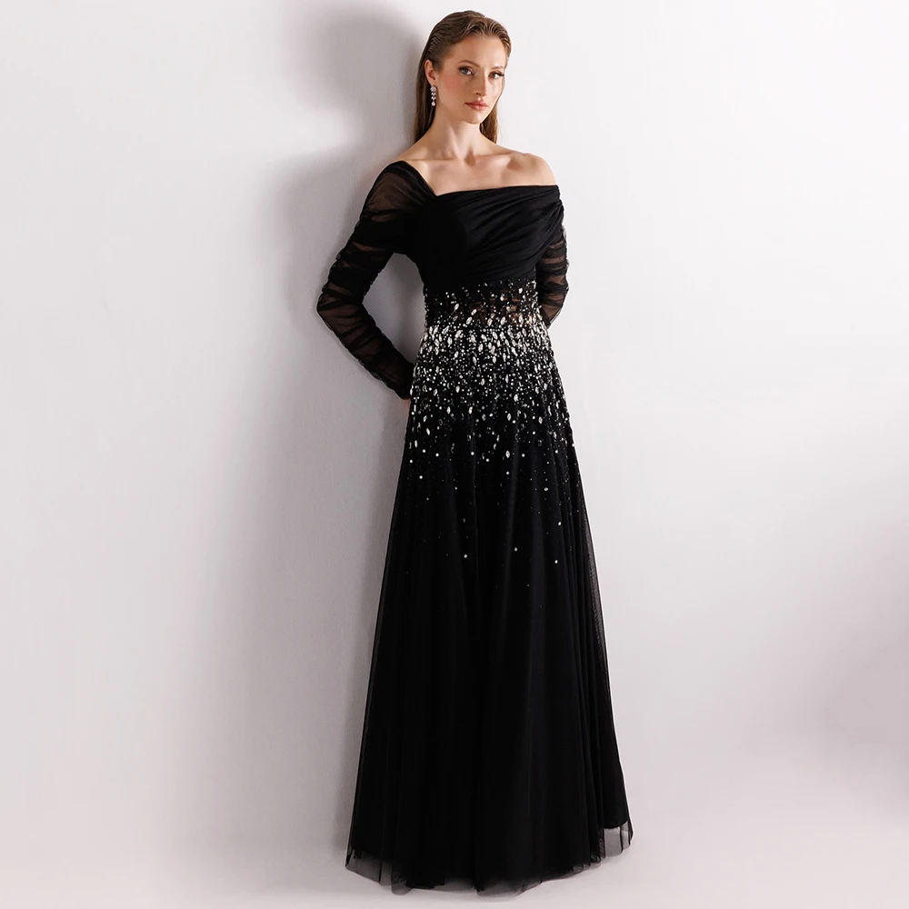 

Customized Simple Black Boat Neck Tulle Evening Dress Full Sleeves With Crystal Party Dress A-line Floor Length Prom Gown