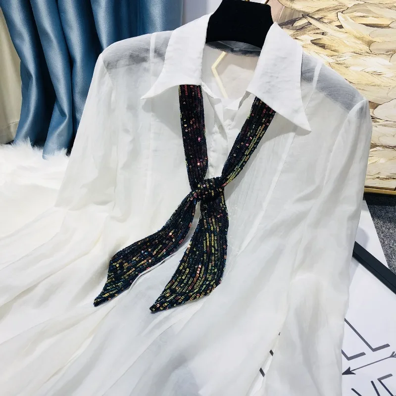 New Sequined Tie, Versatile Women's Scarf, Long Narrow Scarf, Small Scarf, Waistband Tie, Decorative Flowing Scarf