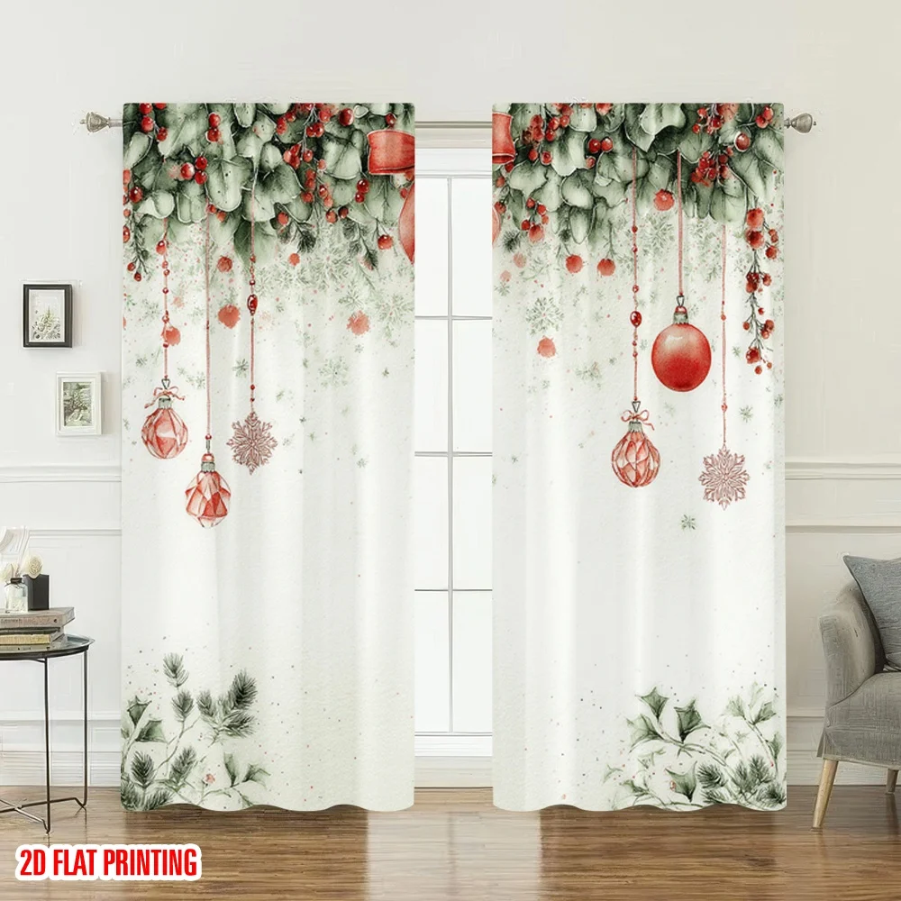 2 قطعة 2D الطباعة المسطحة عيد الميلاد حزب الستائر عيد الميلاد إكليل الأحمر الحلي الرقمية المطبوعة البوليستر الستائر احتفالي جدار ديكور #6