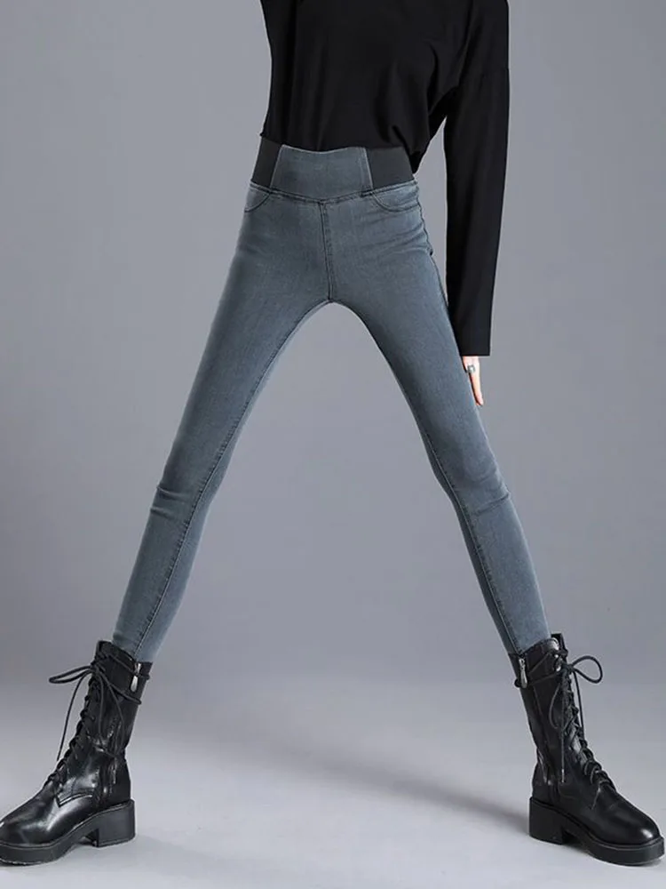 ارتفاع الخصر مستقيم دافئ نحيل الجينز المرأة عادية ريترو سليم الصوف Vaqueros مطاطا الكورية موضة خمر الدينيم السراويل