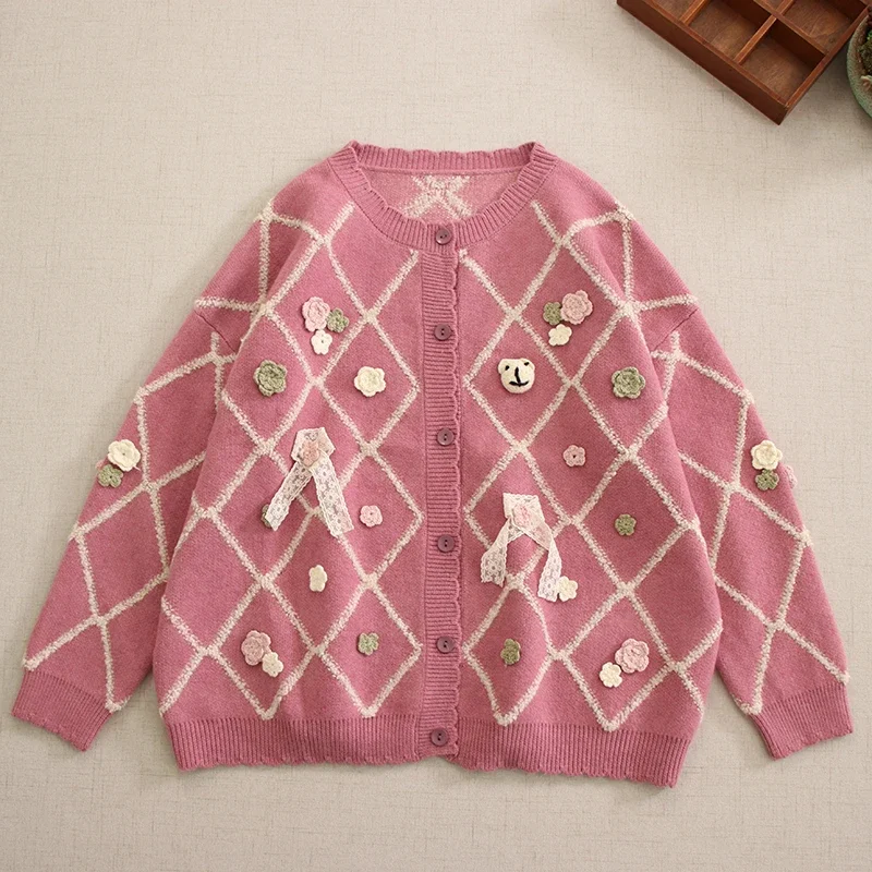 Sweet Mori Girl Cute Flower Sweater Cardigan Women Spring  Autumn Y2K Kawaii Long Sleeve  Knitted Cardigan