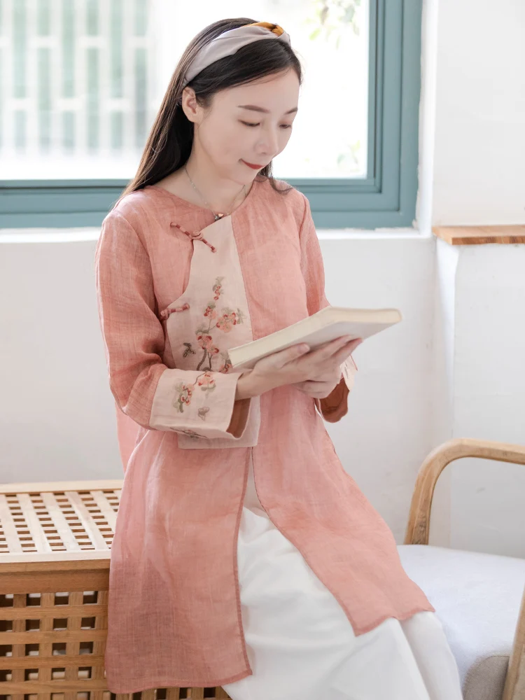 

Ele Women's Embroidered irt Spring Summer Linen Sle Button up Long Sve Midi Top Comfortable Breathable Cotton