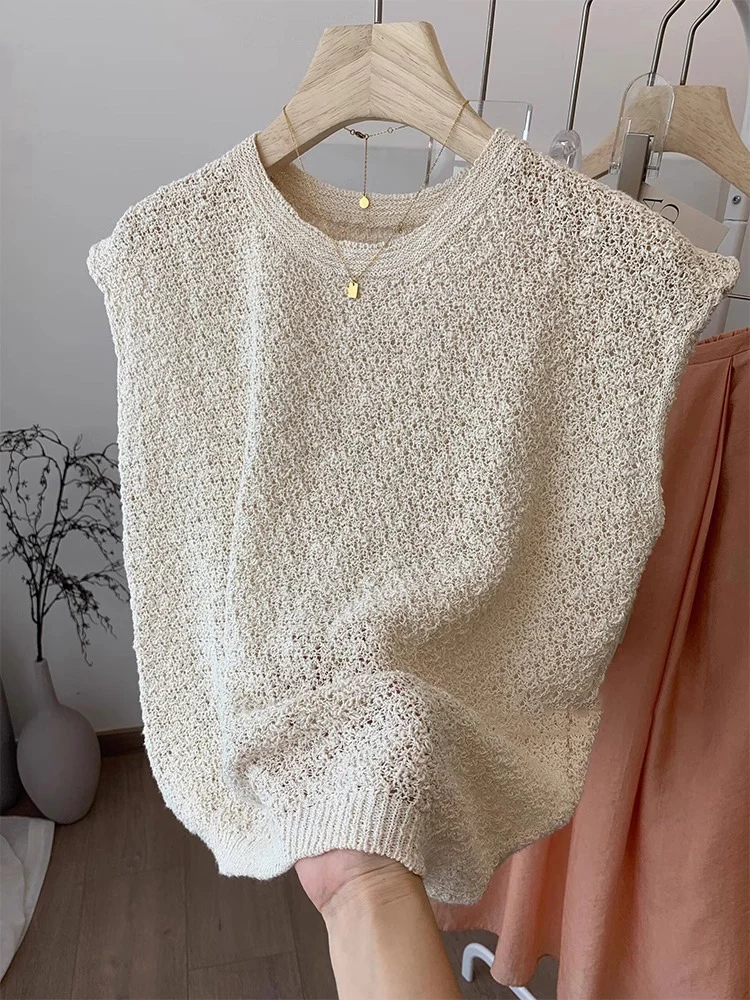 New 2024 Women's Linen Knitted Vest round Neck Hollow out Sleeveless Top Ice Silk Korean Style Versatile Fashion Summer Wear