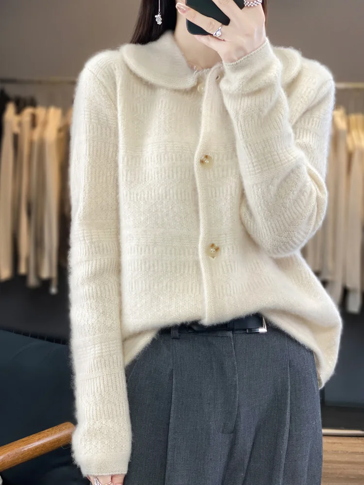 New Fashion Women's Cashmere Cardigan Turn-down Collar Sweater Autumn Winter 100% Merino Wool Knitwear Korean Popular Clothes