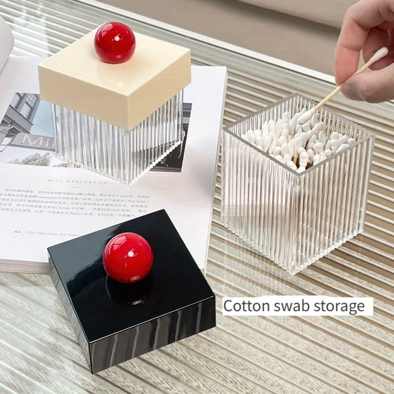 French Square Clear Plastic Cotton Swab Holder with Chic Red Sphere Lid - Countertop Makeup Organizer Cotton Swabs, Toothpicks