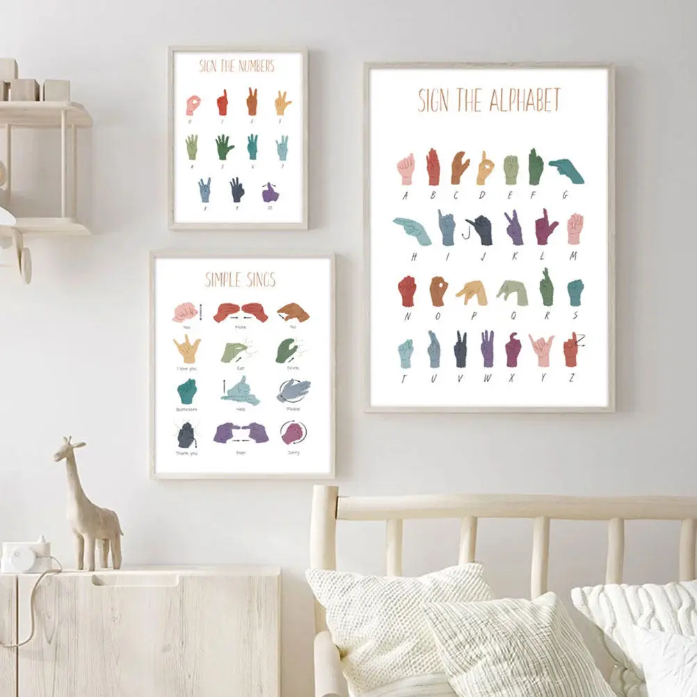 6Pcs Sign Language Education Posters Canvas Classroom Alphabet Numbers Chart Kids Learning Teaching Wall Decor