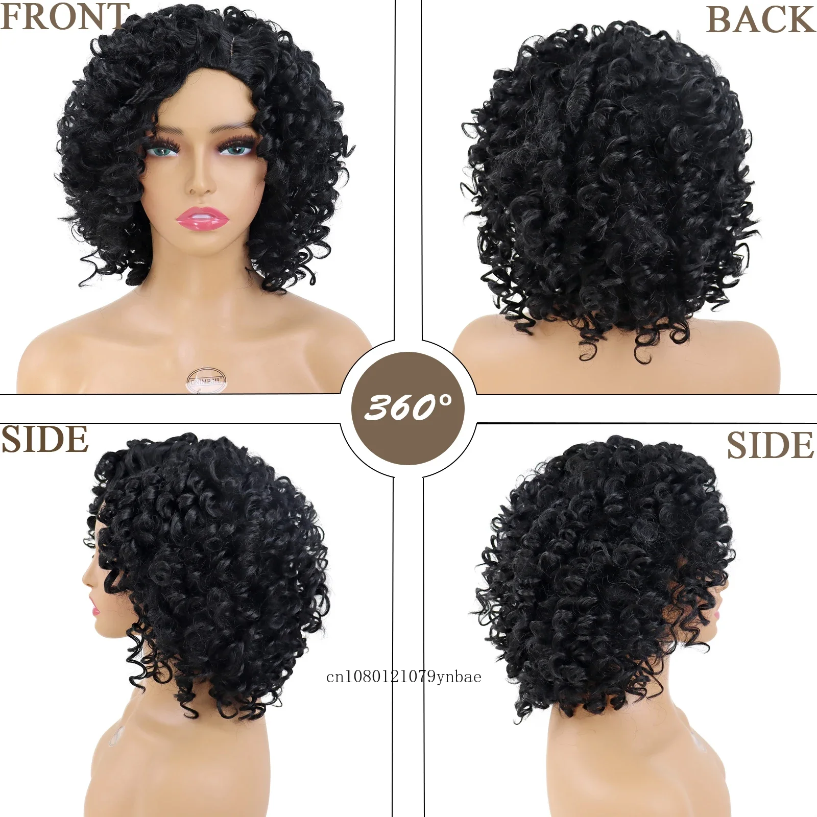 Wig hitam sintetis dengan poni untuk wanita Wig keriting Afro pendek gaya rambut Amerika Afrika tahan panas pesta kostum Halloween