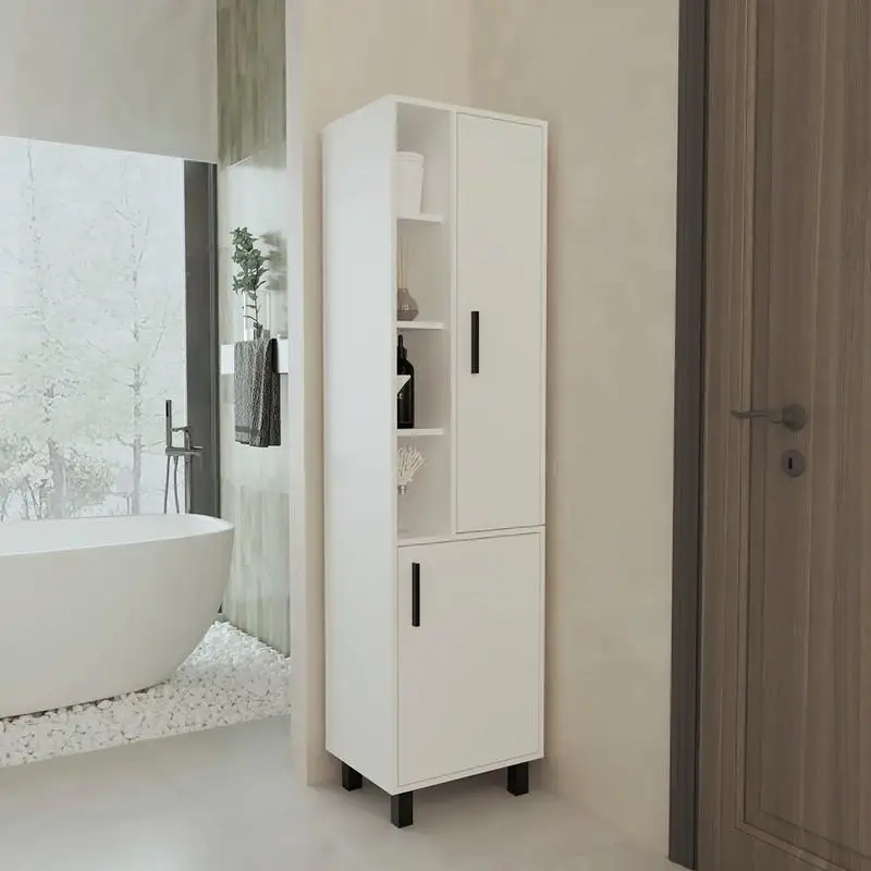 

White Linen Cabinet with Open Storage and Double Doors for Organizing Bathroom Essentials