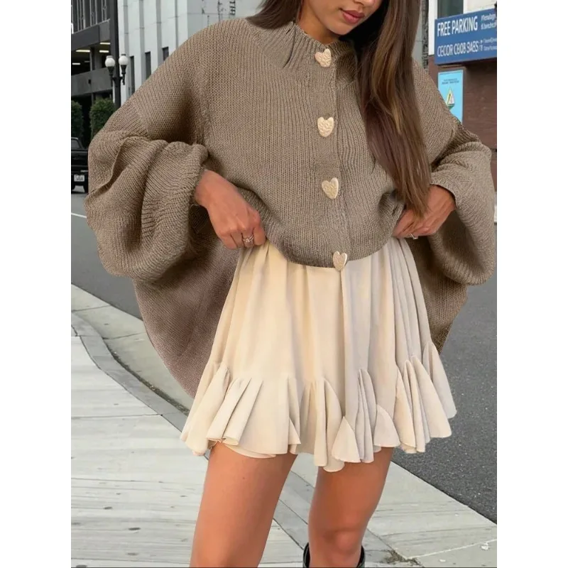 

Heart Shaped Button Knitted Cardigan Women Casual Single Breasted Lantern Sleeve Lapel Loose Cardigans Lady Daily Street Sweater