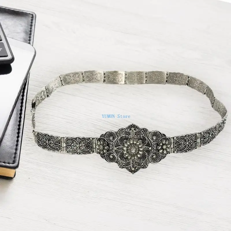 D0UD حزام الزفاف العرقي مع زخارف الكريستال زي الزفاف التقليدي نحت زهرة حزام الخصر مجوهرات مشد الحفلات