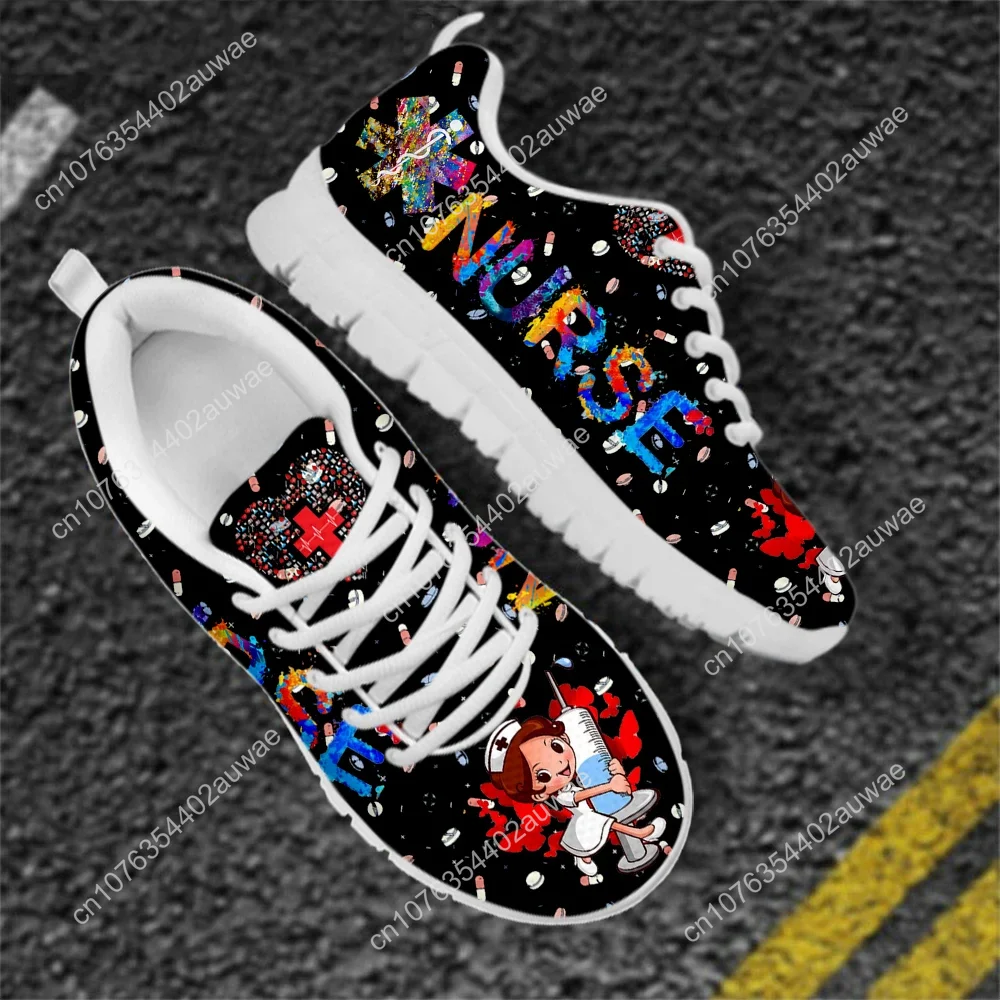 Cute Hospital Cartoon Nurse Girls Pattern Sneakers Shoes For Women Breathable Lace Up Flat Shoes Comfort Zapatillas