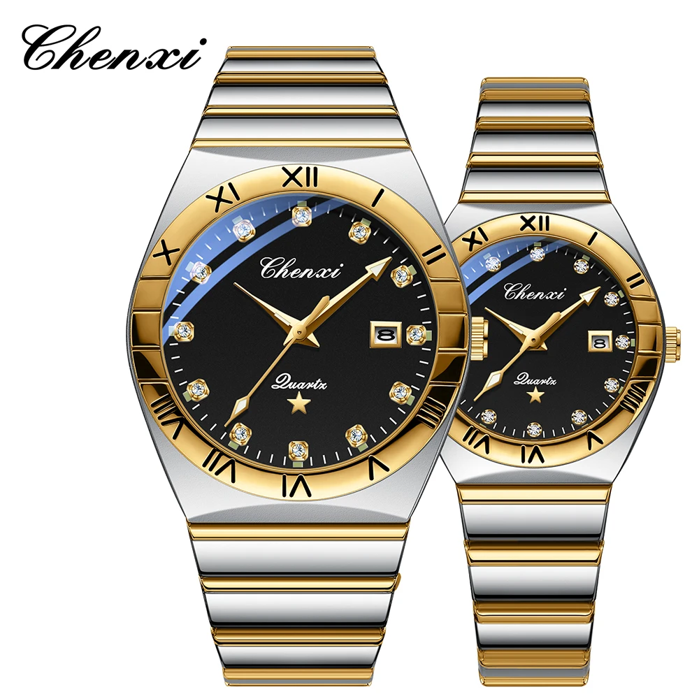 CHENXI Couple Watches Gold Round Dial Diamond Calendar Luminous Couples Wristwatch Fashion Quartz Watch For Men Women