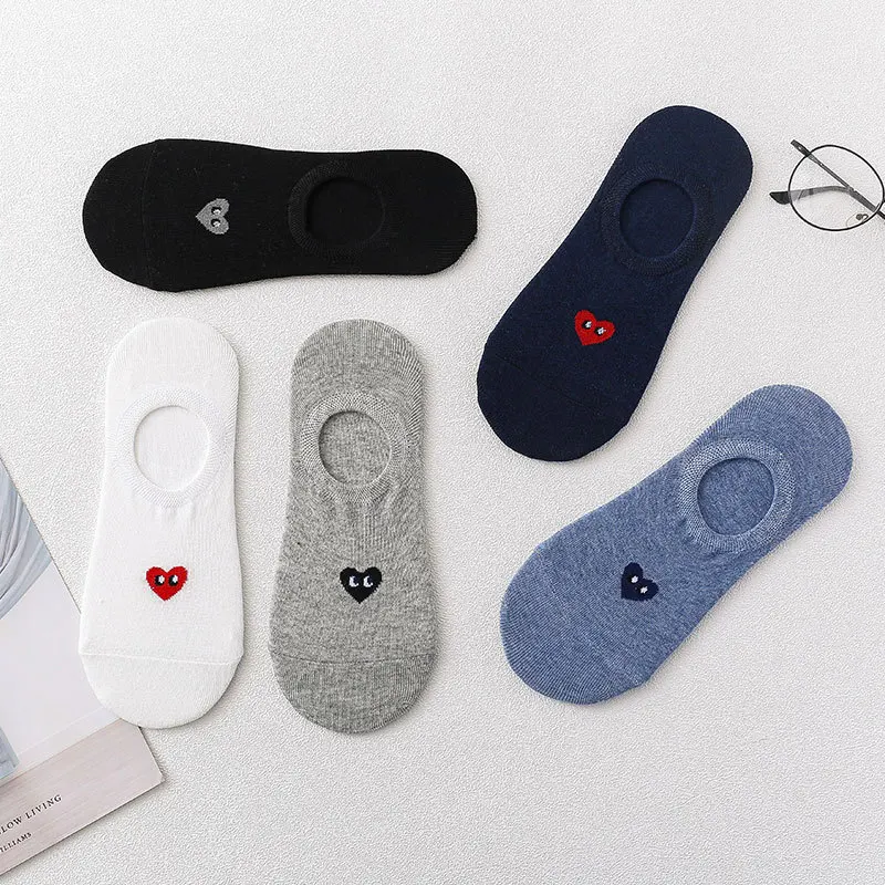 5 Pairs of 5 Colors Summer New Love Bear Striped Cotton Men and Women Thin Breathable Casual Boat Socks Silicone Invisible Socks