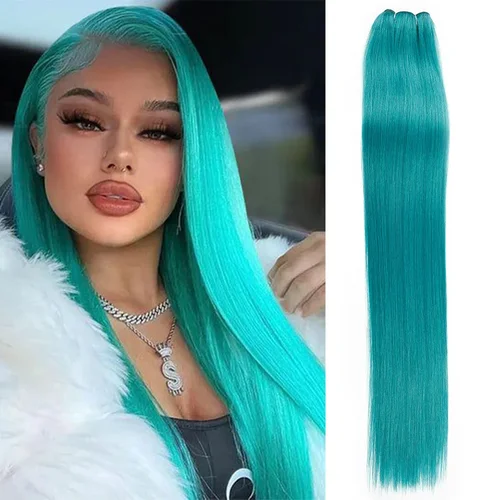 Extensiones de cabello liso, pelo sintético liso ombré tejido de 26 pulgadas, mechones de pelo liso sintético azul completo hasta el extremo