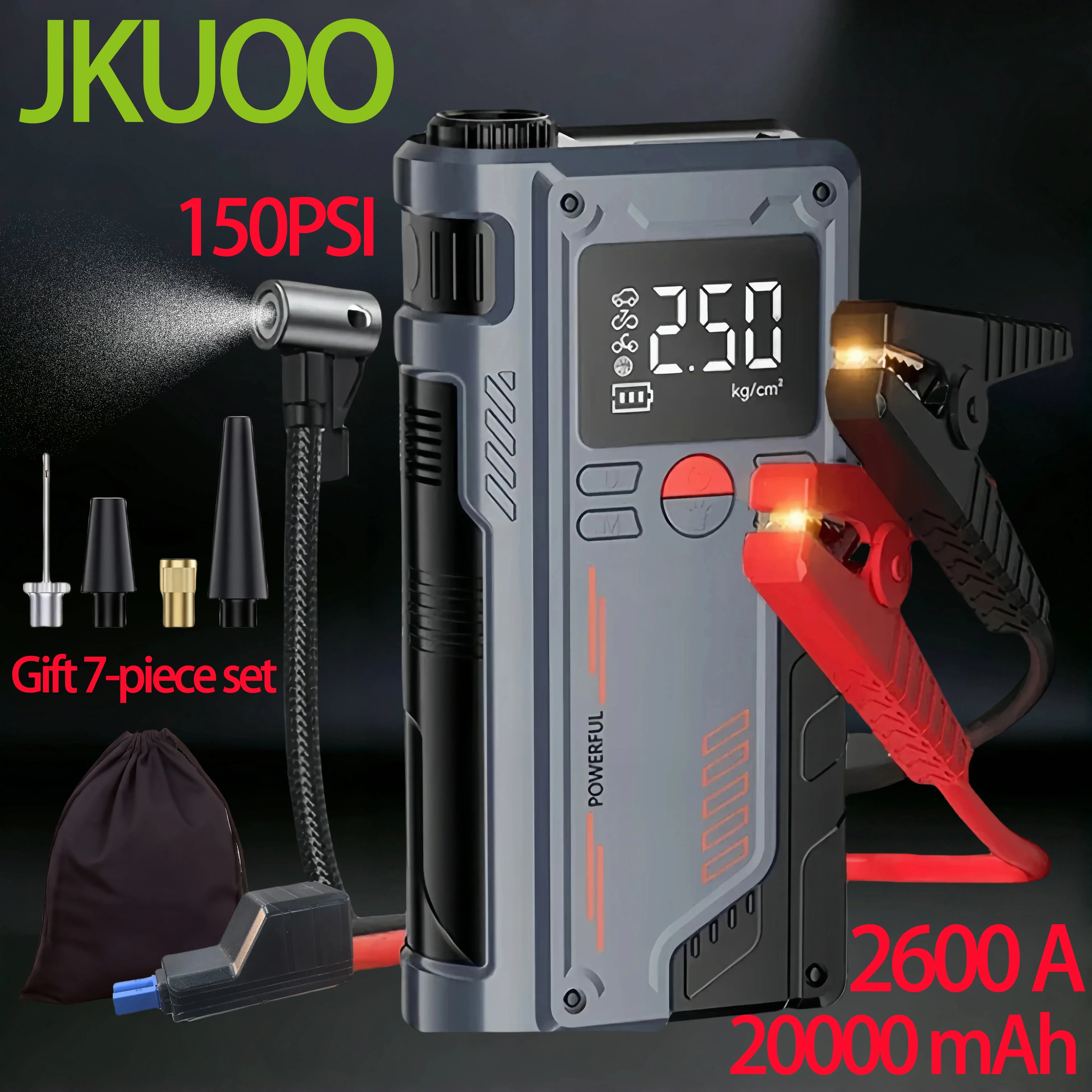 

JKUOO 4 In 1 Car Jump Starter Power Bank Air Compressor Inflator Pum2600A Portable Power Station Car Battery Charger Booster