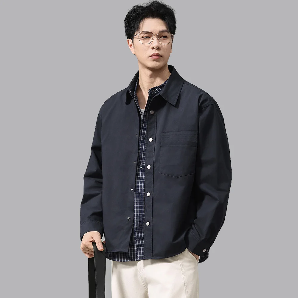 Men's Double Placket Splice Plaid Long Sleeve Loose Casual Cotton Cargo Shirts American Fashion Streetwear Oversize Shirt Coat
