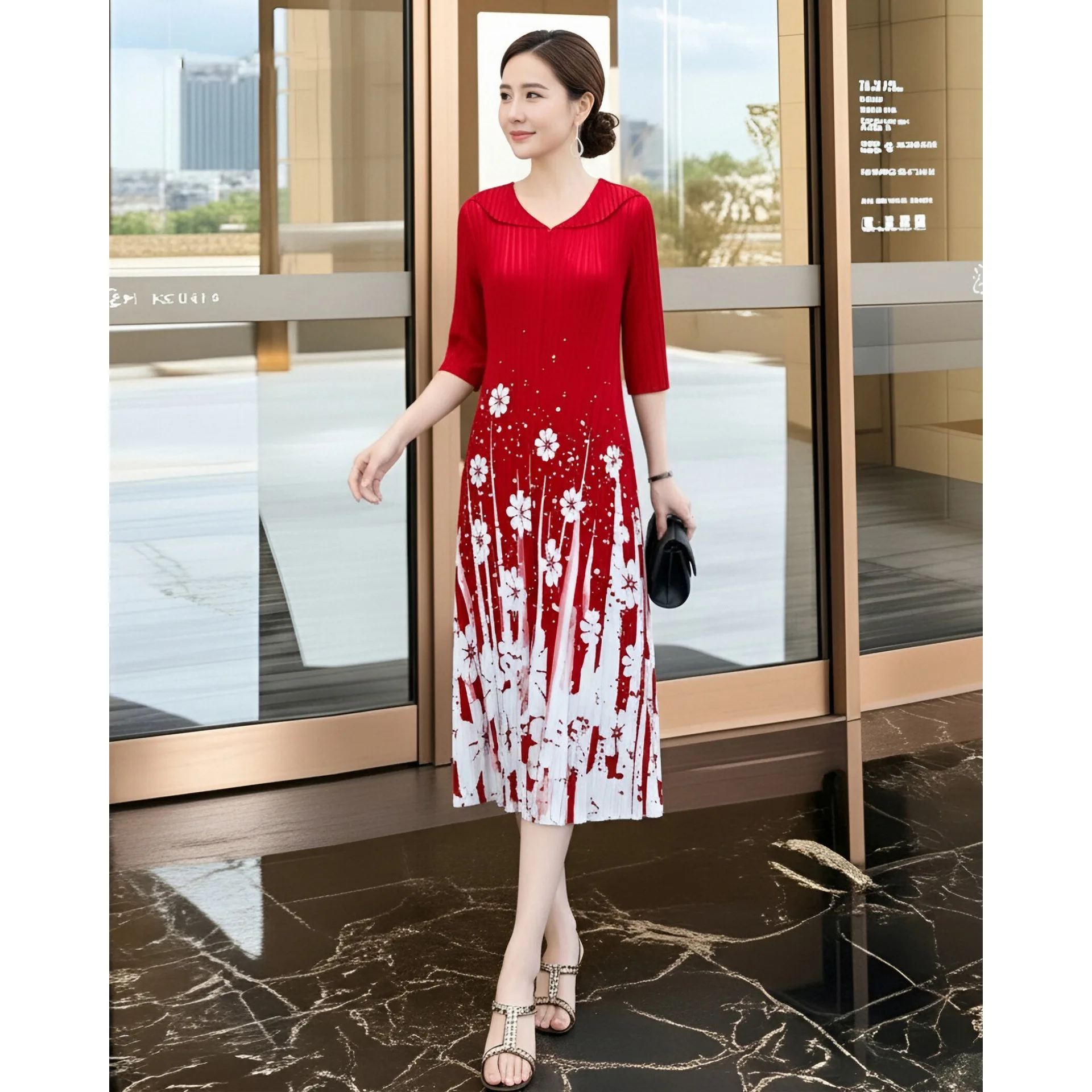

Pleated Red Dress Spring New Doll Collar Covers The Belly and Looks Slim Miyake Floral Skirt Mom Clothes Wedding Banquet