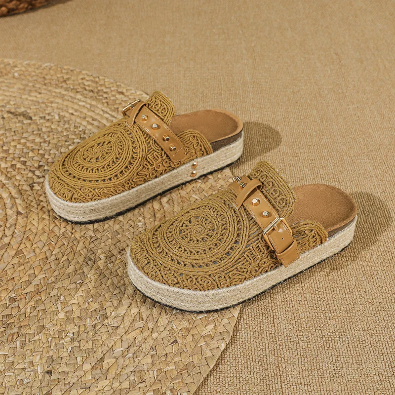 

Unique Embroidered Shoes for Women 2026 Spring/Autumn New Slip-On Casual Half-Covered Backless Hemp Rope Thick-Soled