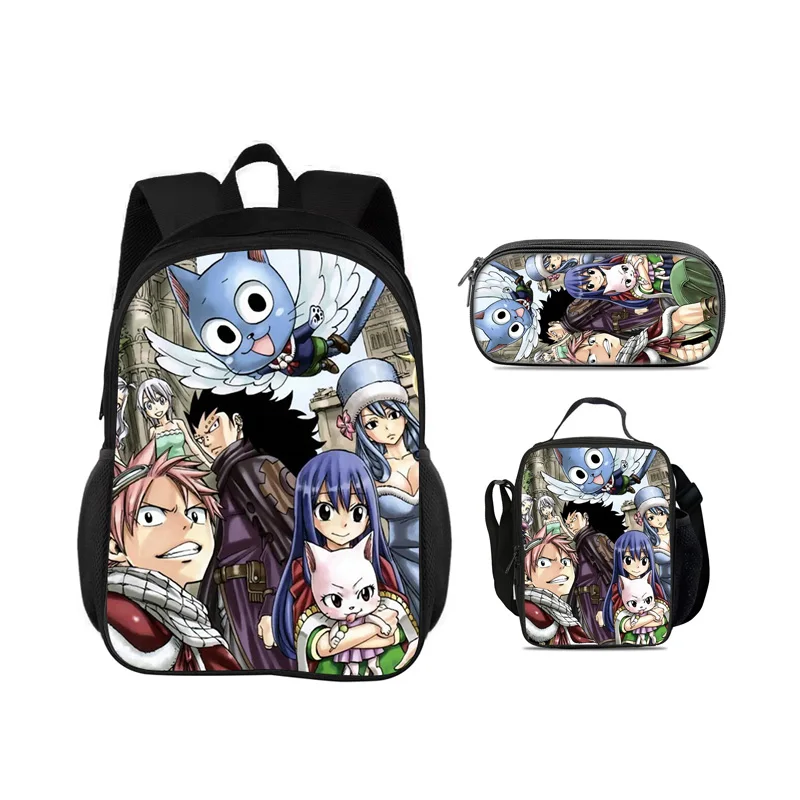 FAIRY TAIL Backpack Pen Bag Ice Pack 3Pcs Set Cartoon Anime Printed Student Boys and Girls New Large Capacity Versatile