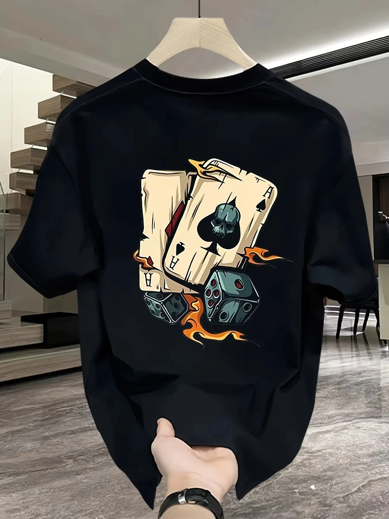Men's New Trendy Poker Printed Micro Elastic Breathable Round Neck T-shirt Summer Outdoor Urban Casual Top Popular