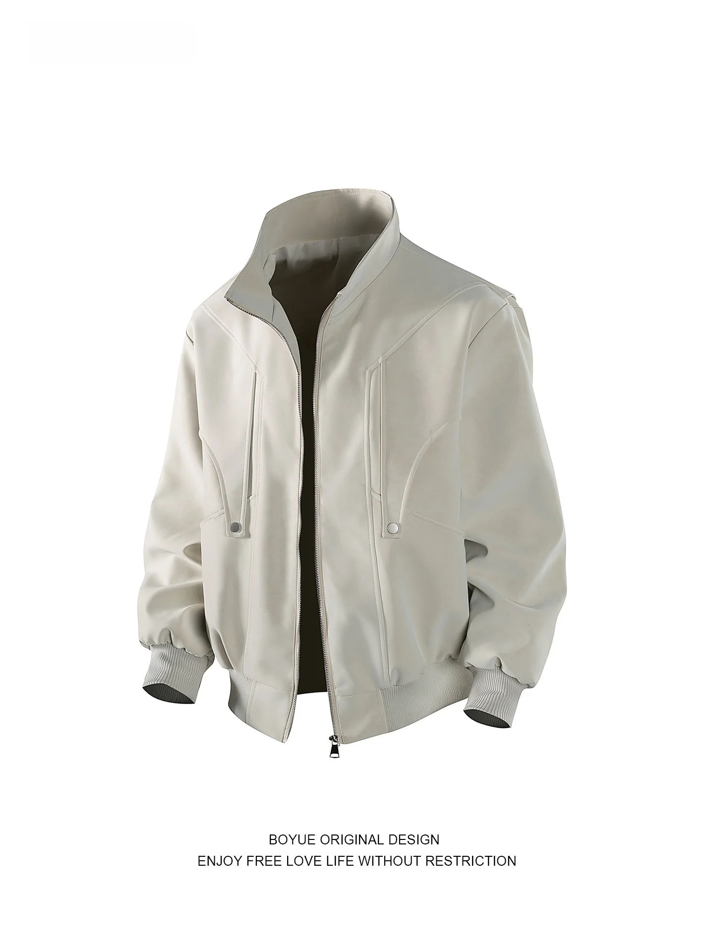 

Boyue Men's Casual Sle Stand Collar Leather Jaet Street Faion Flight Coat ex Loose Fit Polyester Long Sve Zipper
